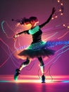 image of an abstract shadowy human figure dancing form made up of wires and string lights on the moody dark stage. Royalty Free Stock Photo