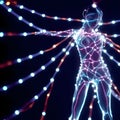 image of an abstract shadowy human figure dancing form made up of wires and string lights on the moody dark stage. Royalty Free Stock Photo