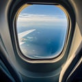 image of the aeroplane window viewing the beautiful outside aerial landscape.