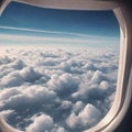 image of the aeroplane window viewing the beautiful outside aerial landscape.