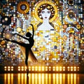 image of ballet dancer in silhouette on stage in Gustav Klimt style.