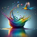 bird diving into a multi-colored water surface whereby creating complex splashes.