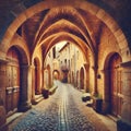a cobblestone pathway winding through a series of medieval stone arches. Royalty Free Stock Photo