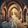 a cobblestone pathway winding through a series of medieval stone arches. Royalty Free Stock Photo