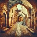 a cobblestone pathway winding through a series of medieval stone arches. Royalty Free Stock Photo