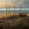 image of a deserted beach with an old boat, broken fence around the dunes and clusters of sea oats. Royalty Free Stock Photo