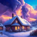 a dreary winter in the countryside where snow covers the home,everywhere and smoke seems to be coming out of the chimneys. Royalty Free Stock Photo