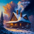 a dreary winter in the countryside where snow covers the home,everywhere and smoke seems to be coming out of the chimneys. Royalty Free Stock Photo