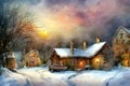 a dreary winter in the countryside where snow covers the home,everywhere and smoke seems to be coming out of the chimneys. Royalty Free Stock Photo