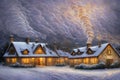 a dreary winter in the countryside where snow covers the home,everywhere and smoke seems to be coming out of the chimneys. Royalty Free Stock Photo