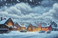 a dreary winter in the countryside where snow covers the home,everywhere and smoke seems to be coming out of the chimneys. Royalty Free Stock Photo