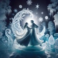 enhanting ice sculpture of prince and princess dancing in a crystalline snowflakes magical forest. Royalty Free Stock Photo