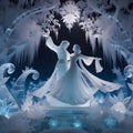 enhanting ice sculpture of prince and princess dancing in a crystalline snowflakes magical forest. Royalty Free Stock Photo