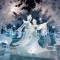 enhanting ice sculpture of prince and princess dancing in a crystalline snowflakes magical forest. Royalty Free Stock Photo