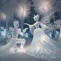 enhanting ice sculpture of prince and princess dancing in a crystalline snowflakes magical forest. Royalty Free Stock Photo