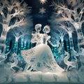 enhanting ice sculpture of prince and princess dancing in a crystalline snowflakes magical forest. Royalty Free Stock Photo
