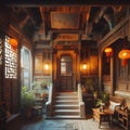 image of entering an nostalgic illusion of an old chinese house with a rich sense of human warmth.