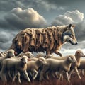 image of false wolf disguises in sheep\'s skin, leading a flock of sheep.