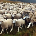 image of false wolf disguises in sheep\'s skin, leading a flock of sheep.