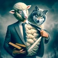 image of false wolf disguises in sheep\'s skin, leading a flock of sheep.