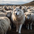 image of false wolf disguises in sheep\'s skin, leading a flock of sheep.
