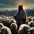 image of false wolf disguises in sheep\'s skin, leading a flock of sheep.