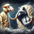 image of false wolf disguises in sheep\'s skin, leading a flock of sheep.