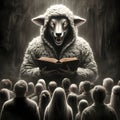 image of false wolf disguises in sheep\'s skin, leading a flock of sheep.