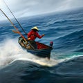 image of the fisherman sailing to catch fish at different weather.