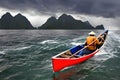 image of the fisherman sailing to catch fish at different weather.