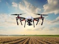 image of flying drone above the farmland field.