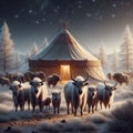 herd wild oxen in front of Mongolian tent in gray and brown tone at luminous Mongolian praire. Royalty Free Stock Photo