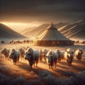 herd wild oxen in front of Mongolian tent in gray and brown tone at luminous Mongolian praire. Royalty Free Stock Photo