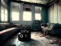 an infrared-modded camera captures interior of the abandoned overgrown and furniture inside the house Royalty Free Stock Photo