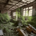 an infrared-modded camera captures interior of the abandoned overgrown and furniture inside the house Royalty Free Stock Photo