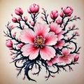 image of a intricate watercolor baroque sakura blossom, tattoo design and outline.
