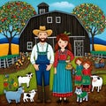 image of karla gerard style mixed with Loish style of an Irish farmer,wife,children in front of their barn.