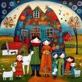 image of karla gerard style mixed with Loish style of an Irish farmer,wife,children in front of their barn.