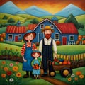 image of karla gerard style mixed with Loish style of an Irish farmer,wife,children in front of their barn.