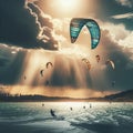 a kite surfing on a windy day at the lake. Royalty Free Stock Photo