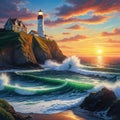 Artificial intelligence generated image of a lighthouse at seashore at dusk Royalty Free Stock Photo