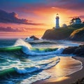 Artificial intelligence generated image of a lighthouse at seashore at dusk Royalty Free Stock Photo