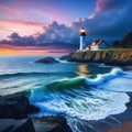 Artificial intelligence generated image of a lighthouse at seashore at dusk Royalty Free Stock Photo