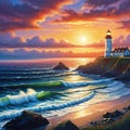 Artificial intelligence generated image of a lighthouse at seashore at dusk Royalty Free Stock Photo