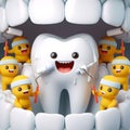 image of little funny cartoon monsters in yellow suits color the tooth with white paint rollers in Pixar style. Royalty Free Stock Photo