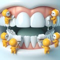 image of little funny cartoon monsters in yellow suits color the tooth with white paint rollers in Pixar style. Royalty Free Stock Photo