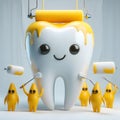 image of little funny cartoon monsters in yellow suits color the tooth with white paint rollers in Pixar style. Royalty Free Stock Photo