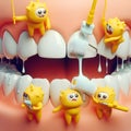 image of little funny cartoon monsters in yellow suits color the tooth with white paint rollers in Pixar style. Royalty Free Stock Photo