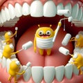 image of little funny cartoon monsters in yellow suits color the tooth with white paint rollers in Pixar style. Royalty Free Stock Photo