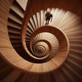 image of looking down, a paradoxical illusion, a wooden spiral staircase and someone walking.